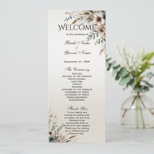 Aquarelle bleu ivoire Fleurs de mariage Programme (Debout devant)