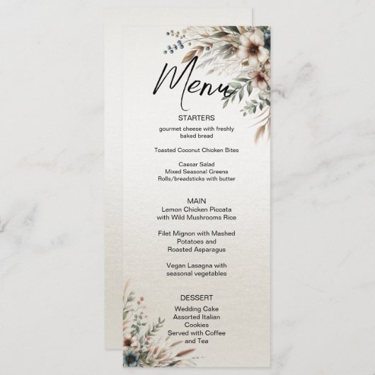 Aquarelle bleu ivoire Fleurs Mariage Menu (Devant / Derrière)