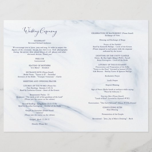 Aquarelle Bleu Marbre Floral Mariage Programme de  (Dos)