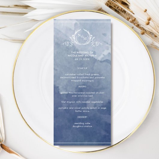 Aquarelle bleu marine chic, menu Mariage Monogram