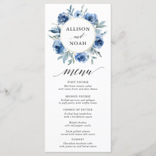 Aquarelle bleu marine floral blanc menu mariage