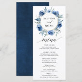 Aquarelle bleu marine floral blanc menu mariage (Devant / Derrière)