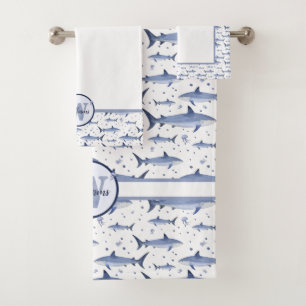 Aquarelle bleu Monogramme Requin Marine Vie Mer