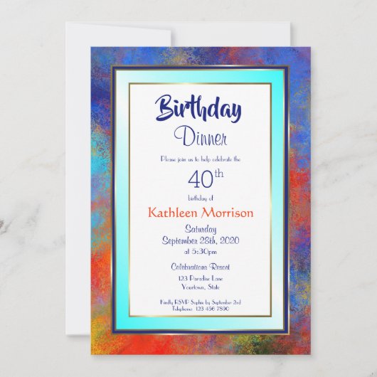 Aquarelle bleu or 40e anniversaire Invitation dîne (Devant)