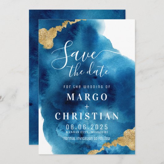 Aquarelle Bleu & Or Enregistrer La Date Invitation (Devant / Derrière)