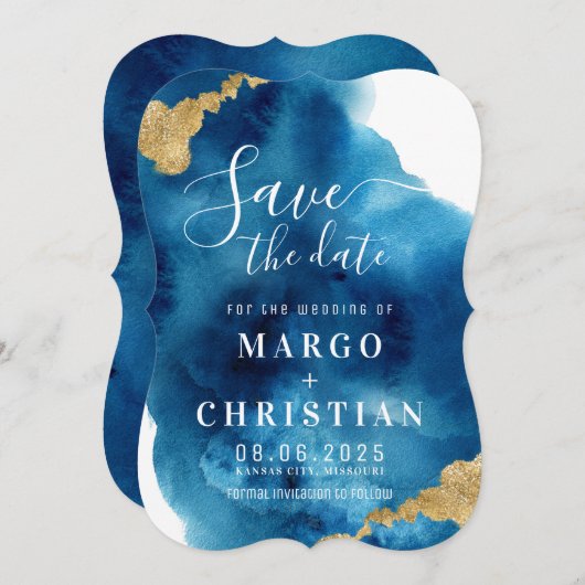 Aquarelle Bleu & Or Enregistrer La Date Invitation (Devant / Derrière)