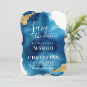 Aquarelle Bleu & Or Enregistrer La Date Invitation (Debout devant)