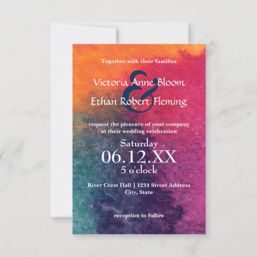 Aquarelle bleu orange - Invitation de mariage 3x5 (Devant)