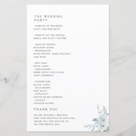 Aquarelle bleu pâle programme de mariage floral (Dos)