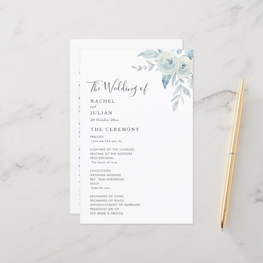 Aquarelle bleu pâle programme de mariage floral (Devant/Arrière en situation)