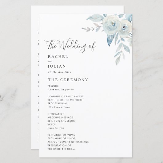 Aquarelle bleu pâle programme de mariage floral (Devant / Derrière)