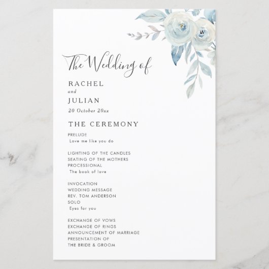 Aquarelle bleu pâle programme de mariage floral (Devant)
