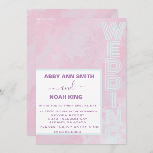 Aquarelle bleu rose Faire-part de mariage minimali (Devant / Derrière)