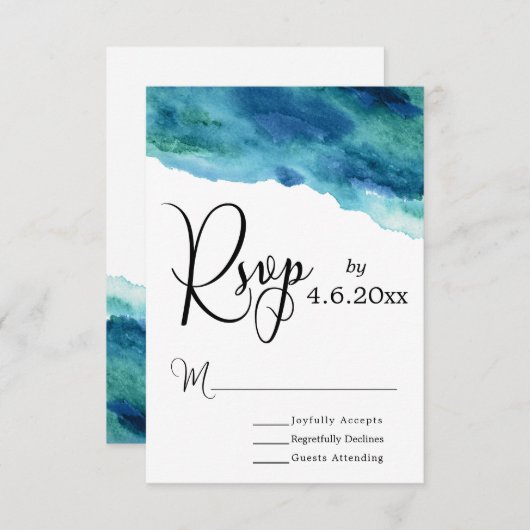 Aquarelle bleu vert Aqua Mariage moderne RSVP 1 (Devant / Derrière)