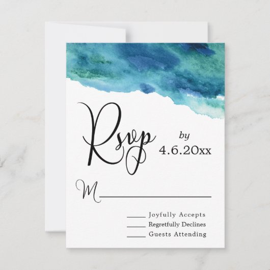 Aquarelle bleu vert Aqua Mariage moderne RSVP 2 (Devant)