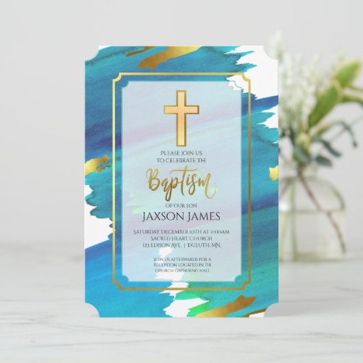 Aquarelle bleu vert Boy Baptême Invitation (Debout devant)