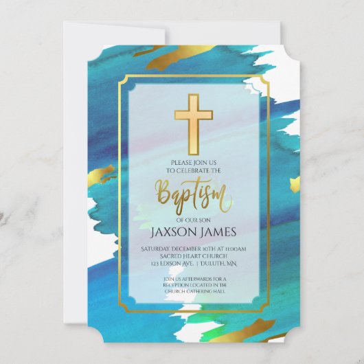 Aquarelle bleu vert Boy Baptême Invitation (Devant)
