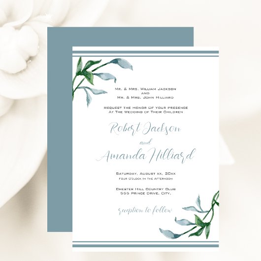 Aquarelle Bleu Vert Feuilles Faire-part de mariage