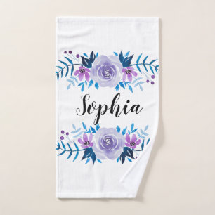 Aquarelle bleu violet couronne florale Texte perso