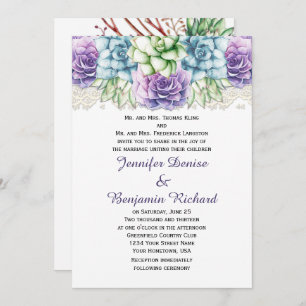 Aquarelle bleu violet vert Succulents Invitation