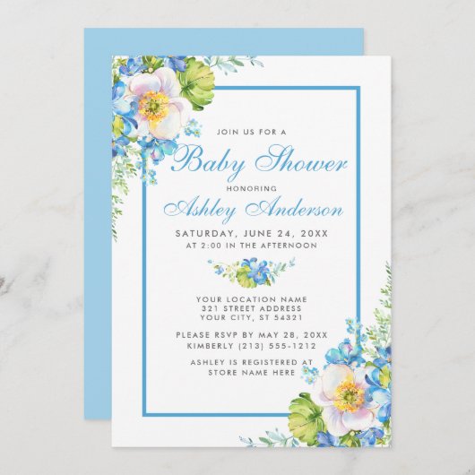 Aquarelle bleue Baby shower floral Invitation B (Devant / Derrière)