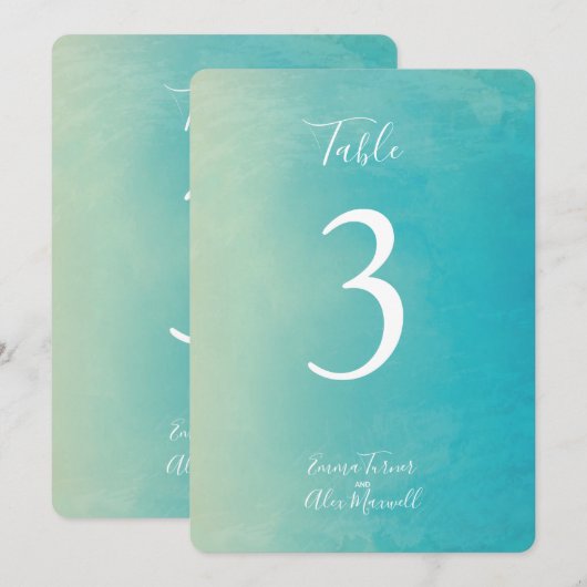 Aquarelle bleue | Cartes numéros de table (Devant / Derrière)