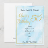 Aquarelle bleue et frontière or Invitation d'anniv (Devant / Derrière)