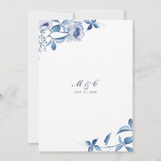 Aquarelle bleue Faire-part de mariage florale (Dos)