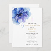 Aquarelle bleue Floral Confirmation Invitation (Devant / Derrière)
