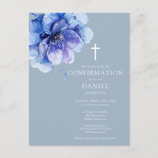Aquarelle bleue Floral Confirmation Invitation (Devant)