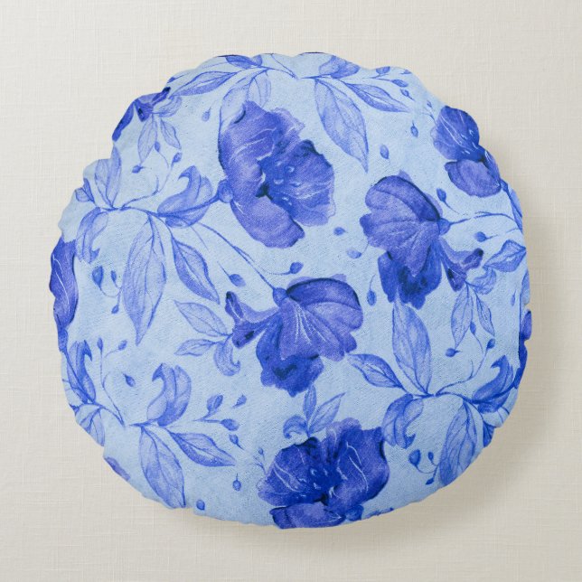 Aquarelle bleue Floral Coussin rond (Devant)