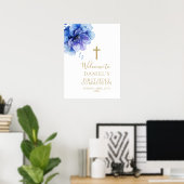 Aquarelle bleue Floral Sainte Communion Affiche de (Bureau à domicile)