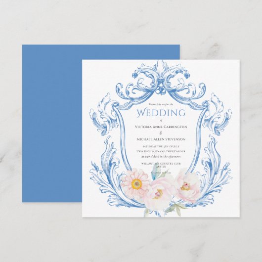 Aquarelle bleue Floral Vintage Wedding Invitation (Devant / Derrière)