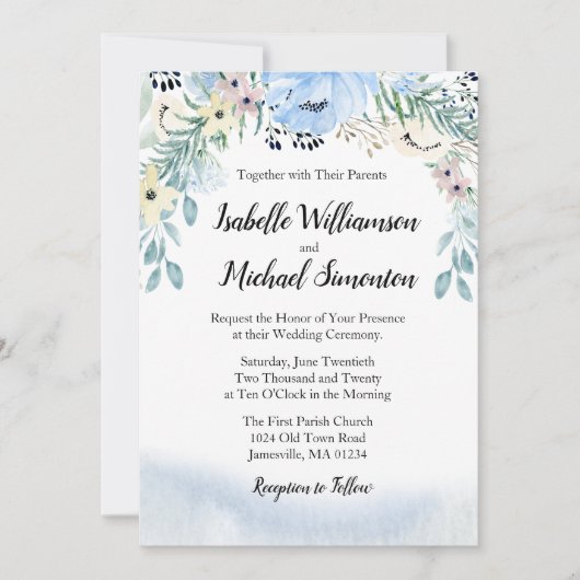 Aquarelle bleue Floral Wedding Invitations (Devant)