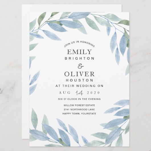 Aquarelle bleue Floral Wedding Invitations (Devant / Derrière)