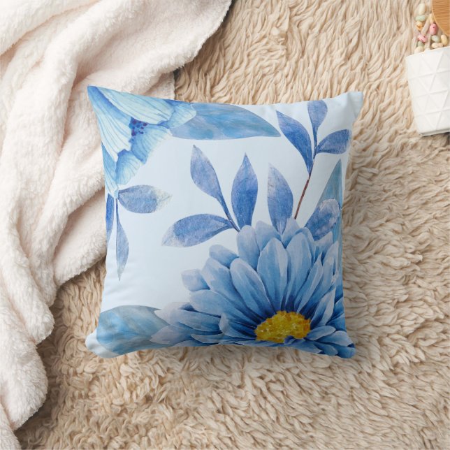 Aquarelle bleue Floraux Lancer Oreiller (Couverture)
