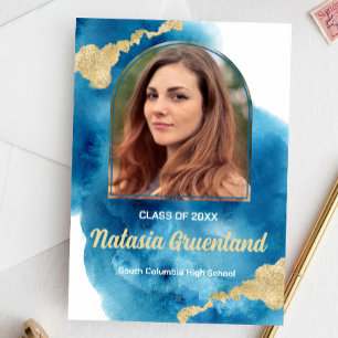 Aquarelle bleue Gold Faire-part de graduation phot