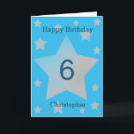 Aquarelle bleue Gris étoiles Carte 6e anniversaire<br><div class="desc">Aquarelle gris étoiles joyeux 6ème anniversaire carte pour fils, petit-fils, neveu, etc. L'avant comprend des étoiles gris aquarelle ainsi qu'un endroit et un endroit que vous pouvez personnaliser avec le nom du récipiendaire de l'anniversaire. Le message de la carte intérieure peut être facilement personnalisé et le dos avec l'année. Cela...</div>