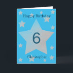 Aquarelle bleue Gris étoiles Carte 6e anniversaire<br><div class="desc">L'aquarelle grise étoiles joyeux 6ème anniversaire carte pour fils, petit-fils, neveu, etc. L'avant est décorée d'étoiles gris aquarelle, d'un endroit et d'un endroit où vous pouvez personnaliser avec le nom du récipiendaire de l'anniversaire. Le message de la carte intérieure peut être facilement personnalisé et le dos avec l'année. Cela ferait...</div>