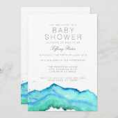 Aquarelle bleue | Invitation Baby shower (Devant / Derrière)