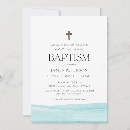 Aquarelle bleue Moderne Garçon Baptême Invitation (Devant)