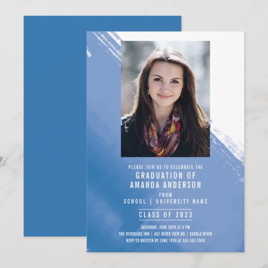 Aquarelle bleue Photo Graduation Party Invitation (Devant / Derrière)