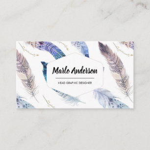 Aquarelle bleue Plumes Carte de visite Boho modern