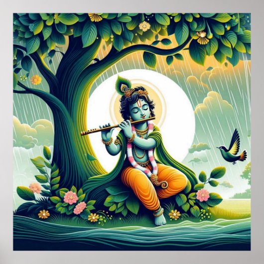 Aquarelle bleue Poster Abstrait de Lord Krishna (Devant)