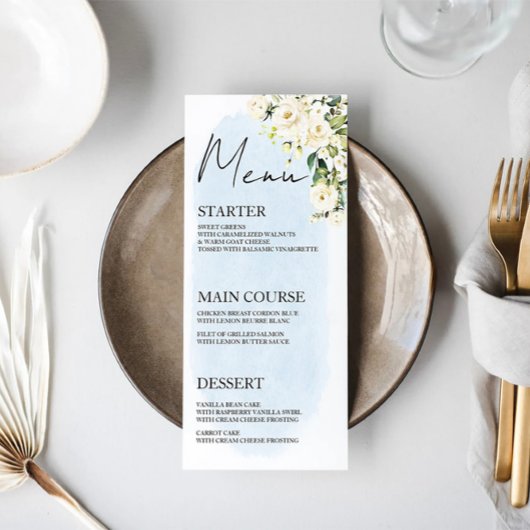 Aquarelle Bleue Rose Blanche Mariage Menu Place Ca
