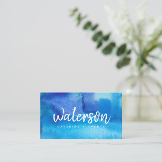 Aquarelle bleue + Script blanc | CARTE DE VISITE (Debout devant)