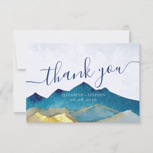 Aquarelle Blue & Gold Mountains Mariage Merci (Devant)