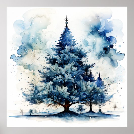 Aquarelle Blue Holiday Christmas Tree Poster (Devant)