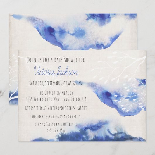 Aquarelle Blue Ombre Baby Shower Invitations (Devant / Derrière)