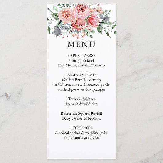 Aquarelle Blush Dusty Rose Floral Mariage Menu (Devant)